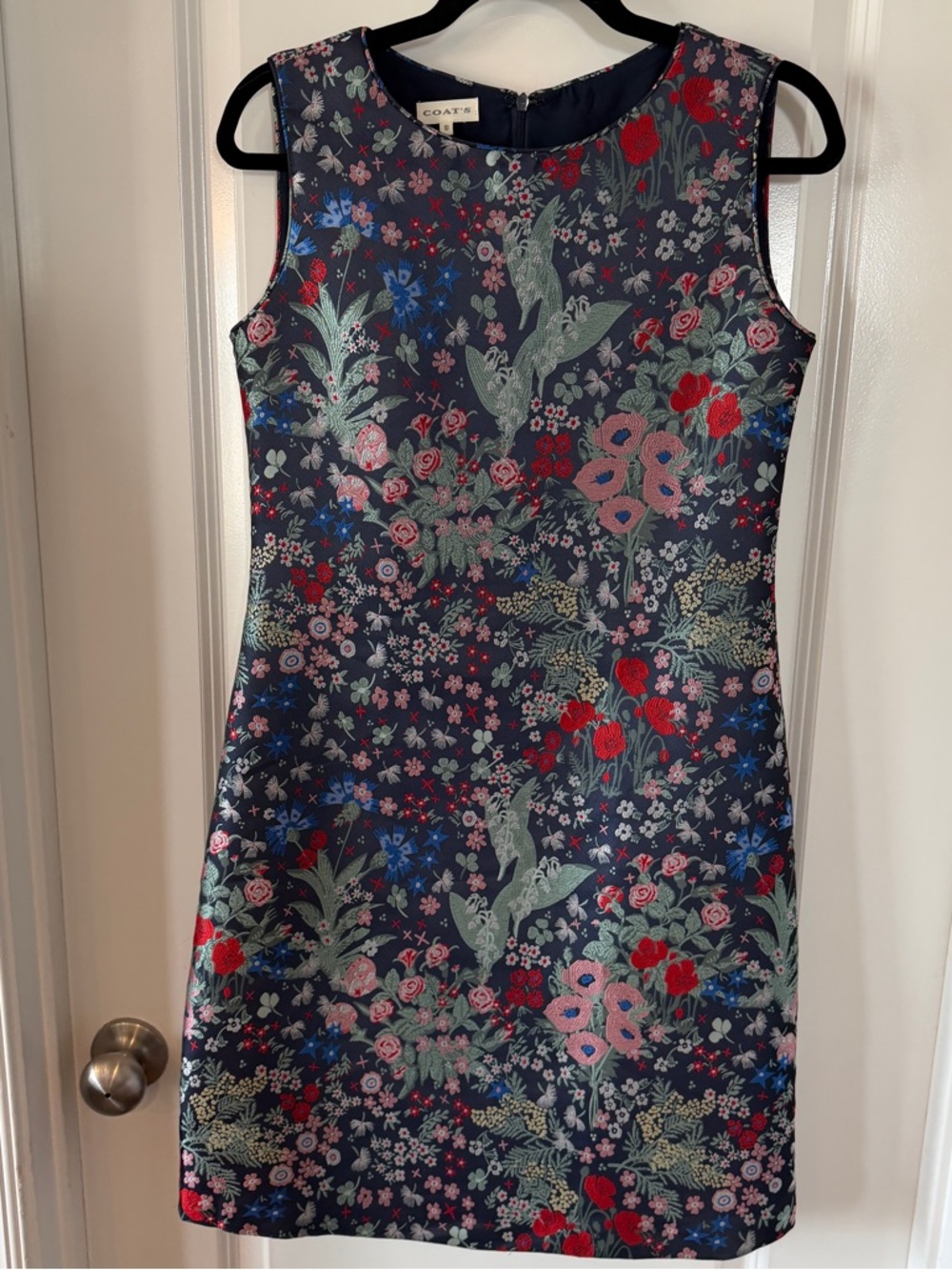 Coat’s Jacquard Navy Floral Sleeveless Shift Dress Vintage Inspired Sz 10